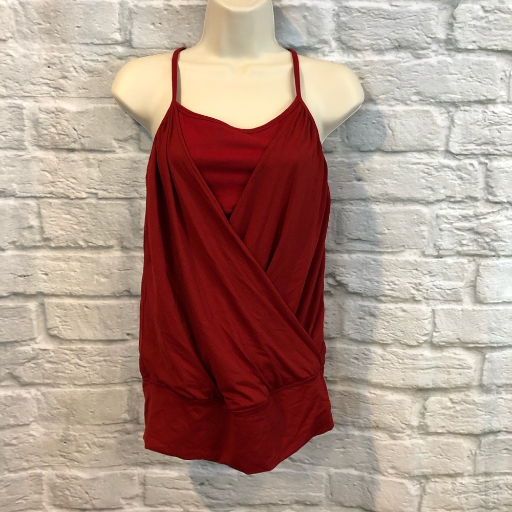 YOGASMOGA Sz 6 Red Built-In-Bra Faux-Wrap Tank Top